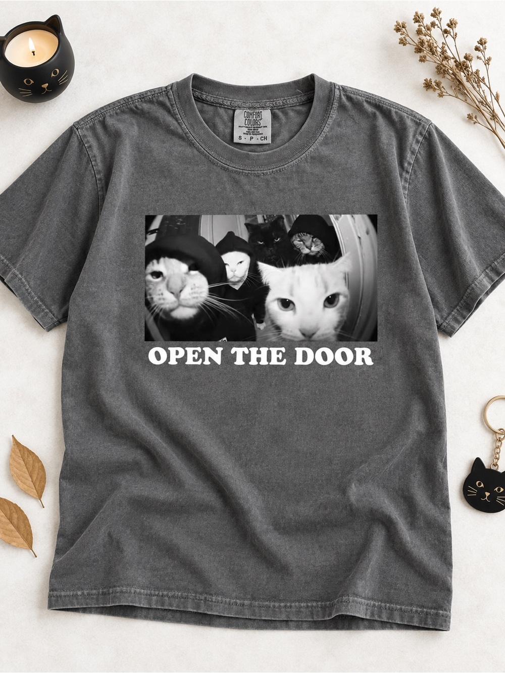 Open The Door Cat Graphic Tee - Pepper Tee Halloween